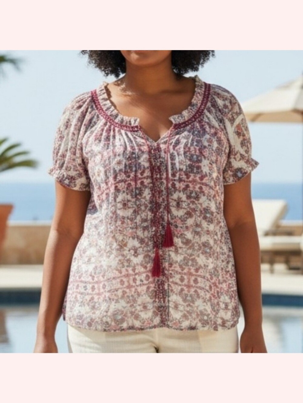 Unity World Wear Red and Cream Floral Blouse